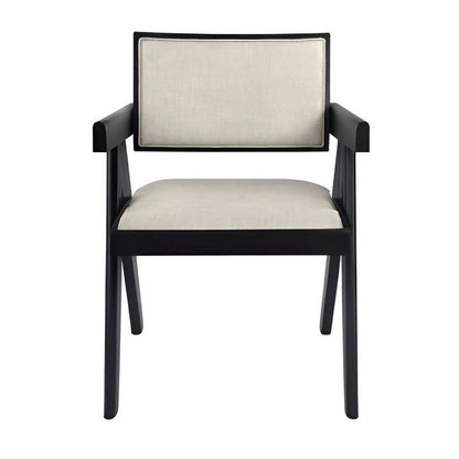 Benjara Hela Dining Chair Set of 2, Ivory Polyester Seat And Back, Black Wood