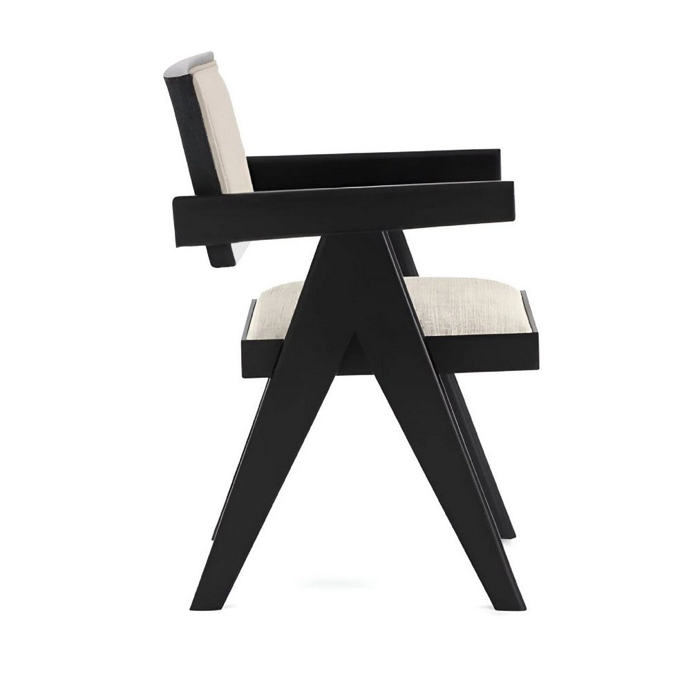 Benjara Hela Dining Chair Set of 2, Ivory Polyester Seat And Back, Black Wood