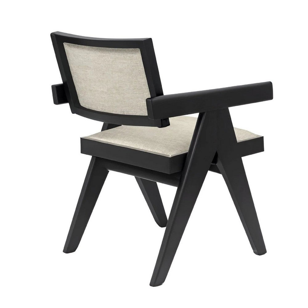 Benjara Hela Dining Chair Set of 2, Ivory Polyester Seat And Back, Black Wood