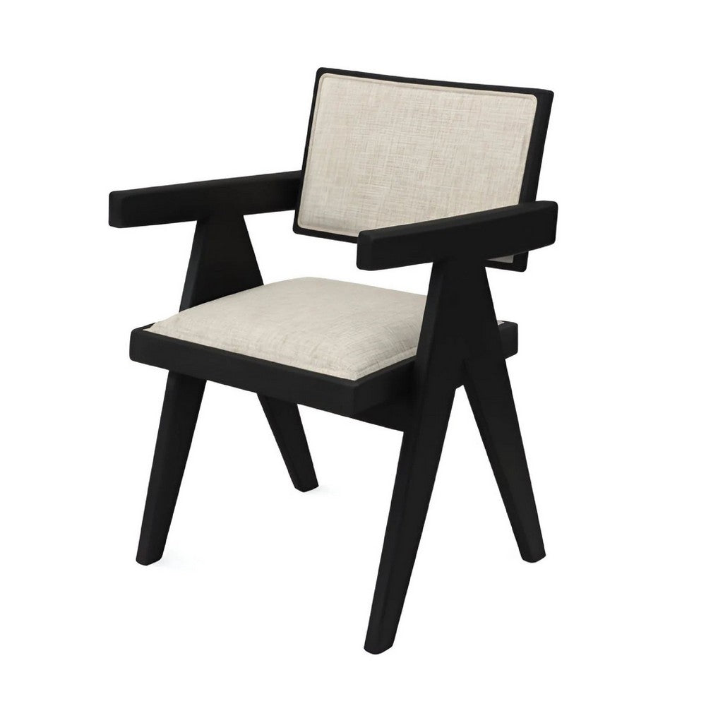 Benjara Hela Dining Chair Set of 2, Ivory Polyester Seat And Back, Black Wood
