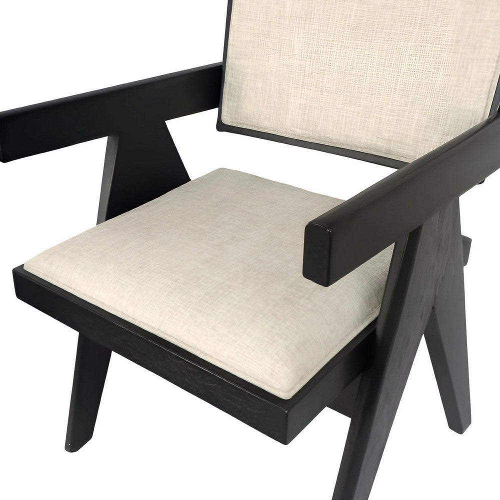 Benjara Hela Dining Chair Set of 2, Ivory Polyester Seat And Back, Black Wood