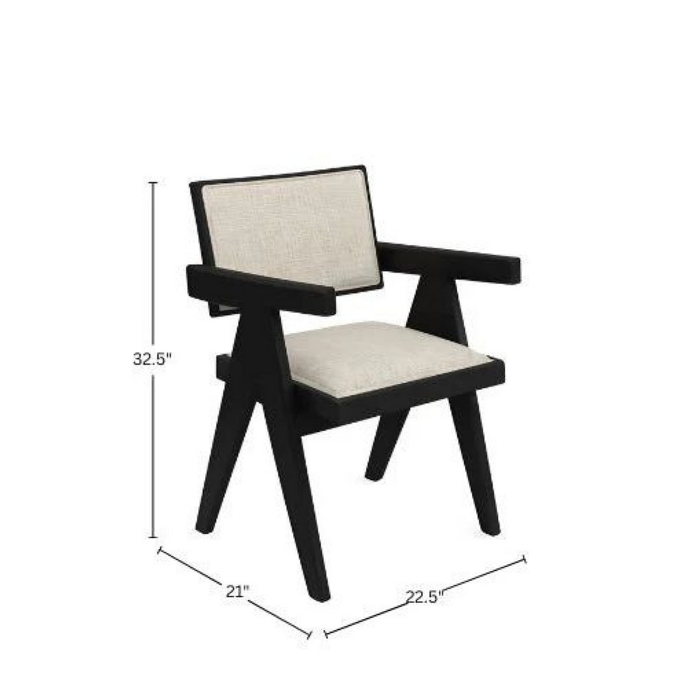 Benjara Hela Dining Chair Set of 2, Ivory Polyester Seat And Back, Black Wood
