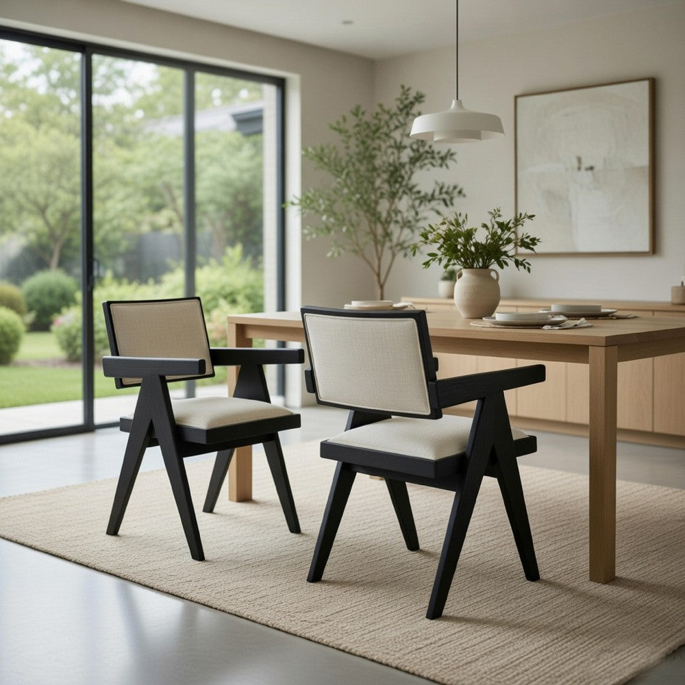 Benjara Hela Dining Chair Set of 2, Ivory Polyester Seat And Back, Black Wood