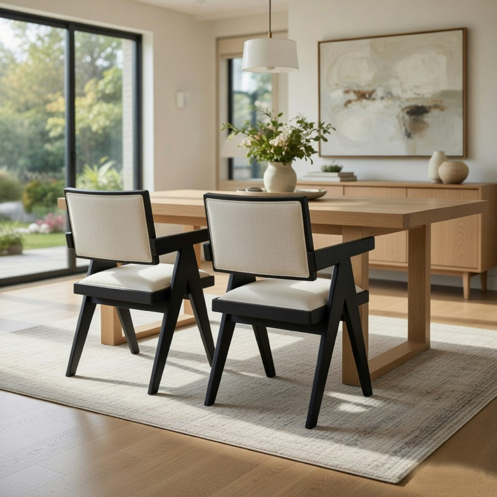 Benjara Hela Dining Chair Set of 2, Ivory Polyester Seat And Back, Black Wood