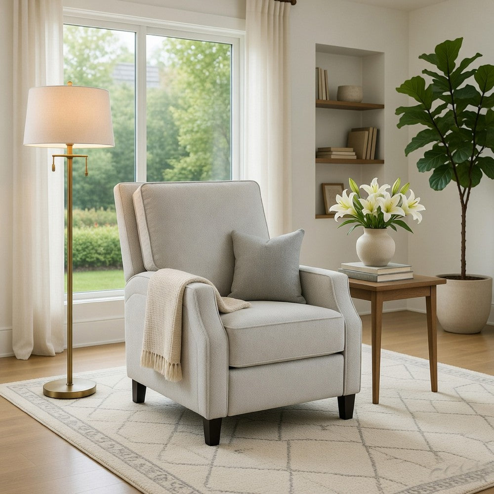 Benjara Naaz Push Back Recliner Chair, Cushioned Seat, Gray Polyester, Black Legs