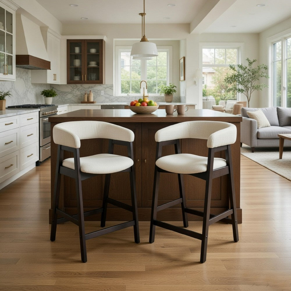 Benjara Vecy Counter Height Chair Set of 2, Beige Polyester, Vintage Black Wood