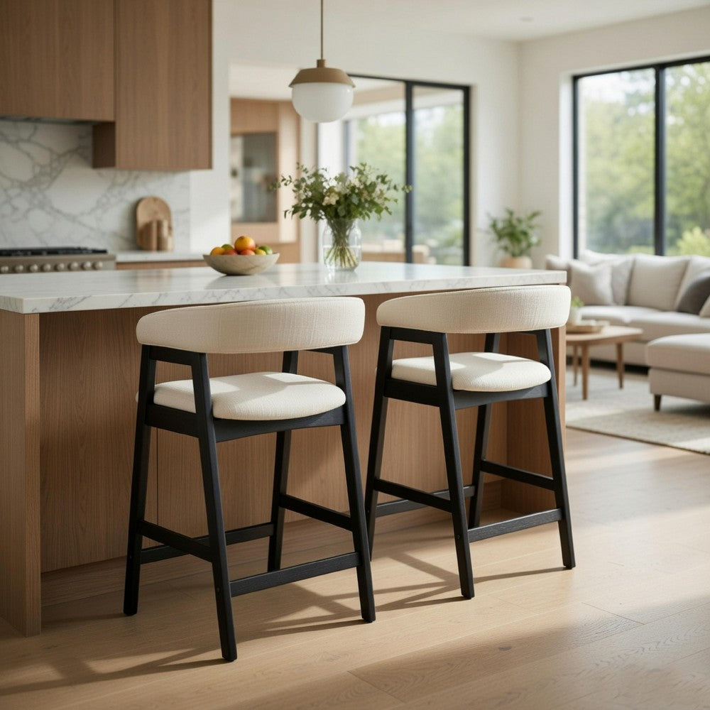 Benjara Vecy Counter Height Chair Set of 2, Beige Polyester, Vintage Black Wood