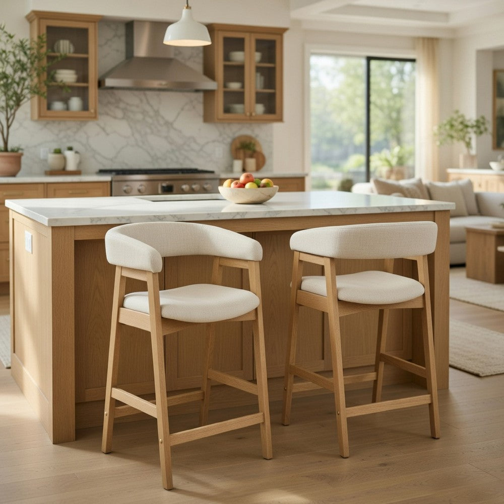 Benjara Vecy Counter Height Chair Set of 2, Beige Polyester, Natural Brown Wood