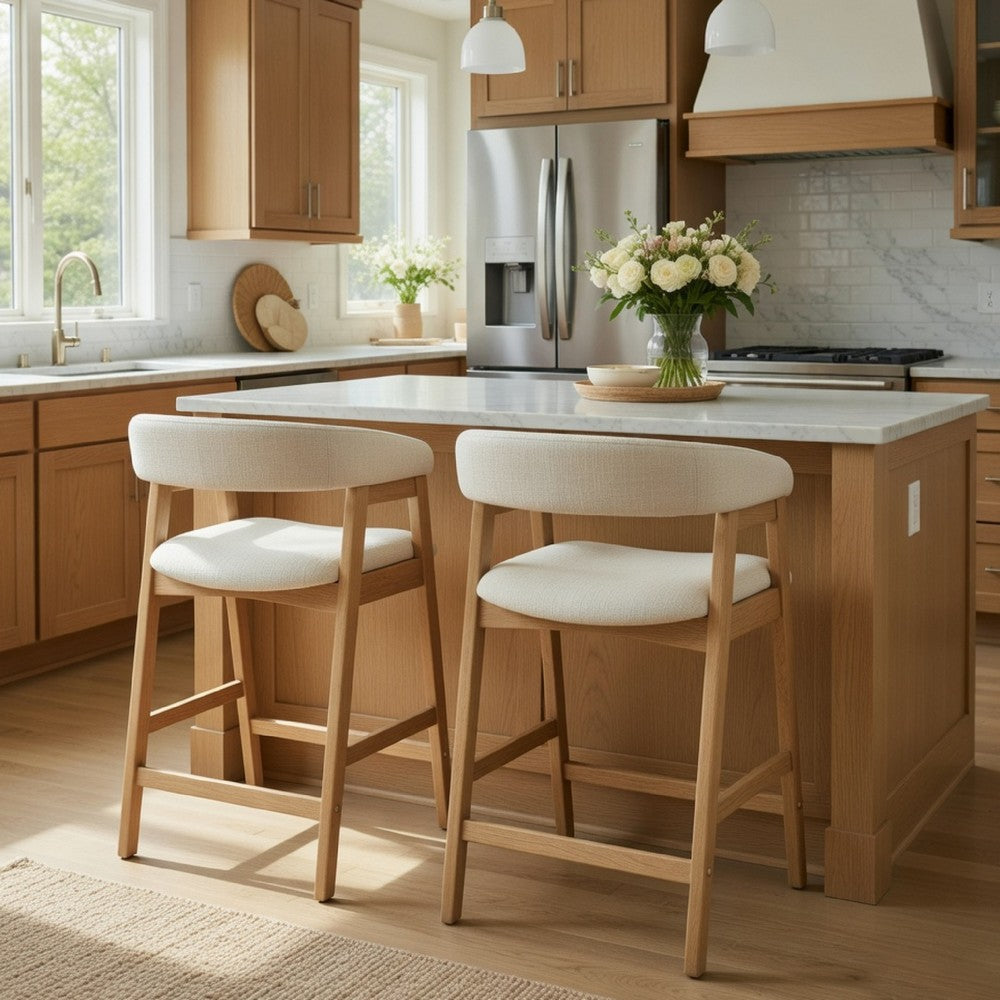 Benjara Vecy Counter Height Chair Set of 2, Beige Polyester, Natural Brown Wood