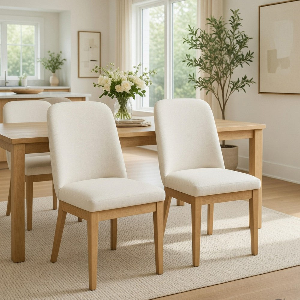 Benjara Abil Side Chair Set of 2, Curved Back, Ivory Polyester, Natural Brown
