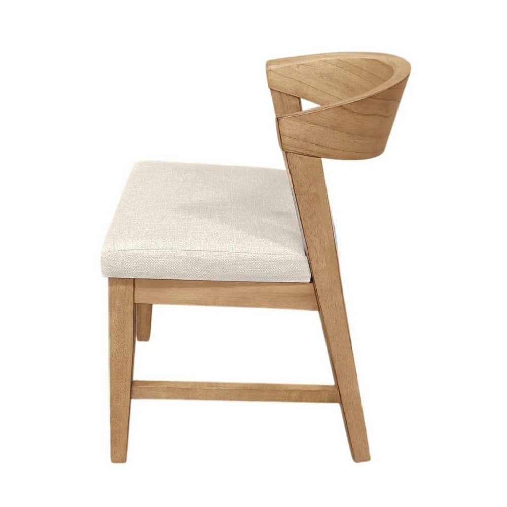 Benjara Vecy Side Chair Set of 2, Ivory Fabric Seat, Curved Back, Natural Brown