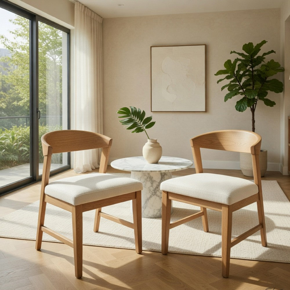 Benjara Vecy Side Chair Set of 2, Ivory Fabric Seat, Curved Back, Natural Brown