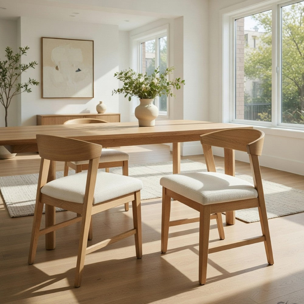 Benjara Vecy Side Chair Set of 2, Ivory Fabric Seat, Curved Back, Natural Brown