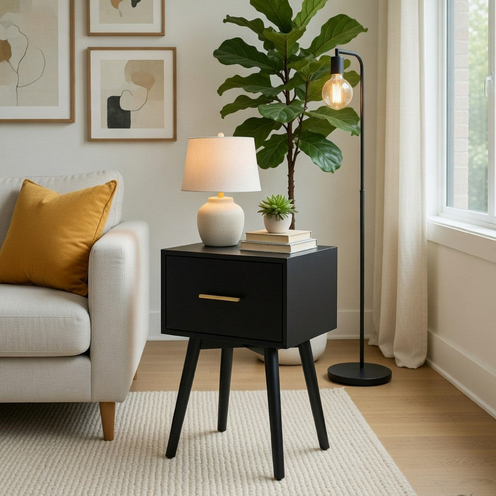 Benjara Ian Side End Table, Felt-Lined Drawer, Modern Black, 18 Inch Rectangular