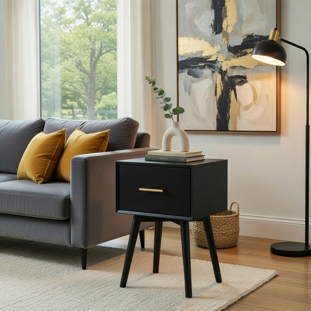 Benjara Ian Side End Table, Felt-Lined Drawer, Modern Black, 18 Inch Rectangular