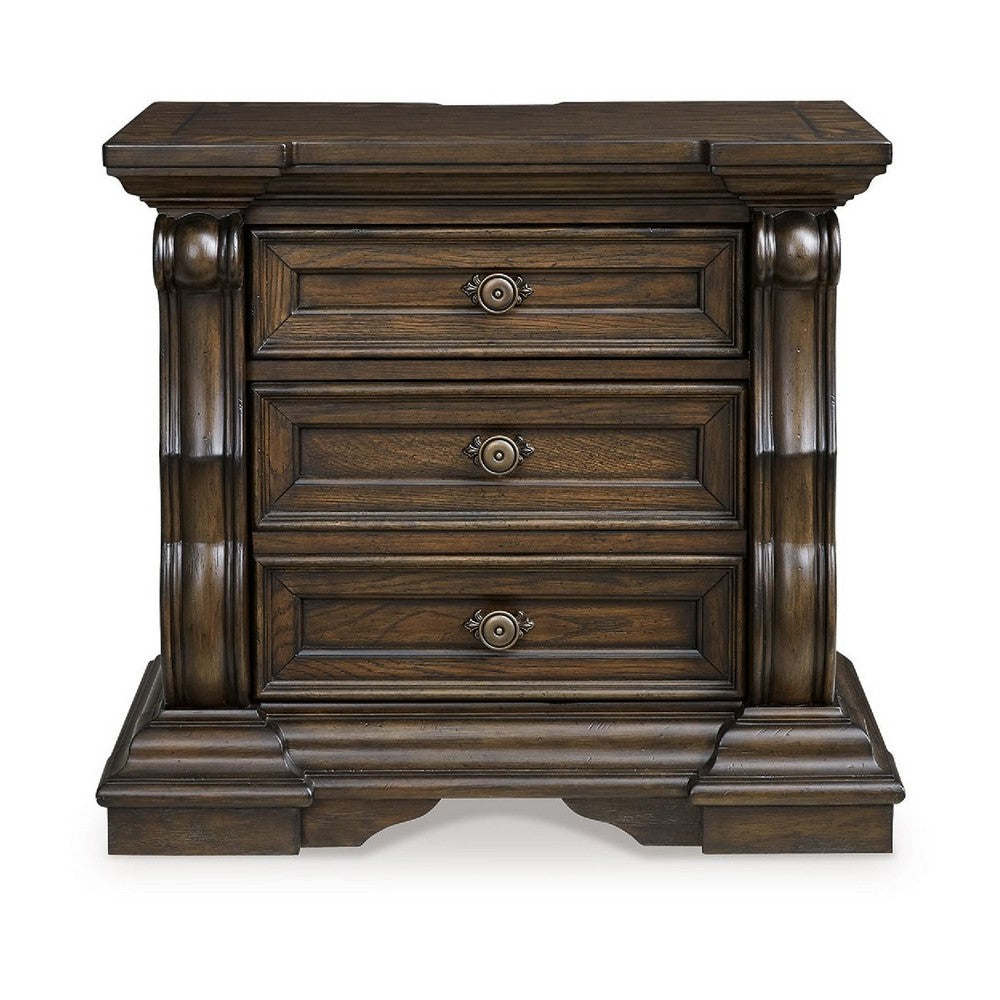 Benjara May Oversize Nightstand, 2 Drawers, Antique Gold Knobs, Dark Brown, 34In