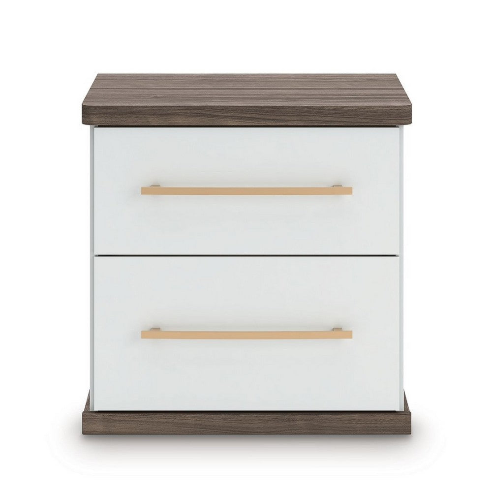 Benjara Keny Nightstand, 2 Drawers with Gold Handles, Matte White, Dark Brown