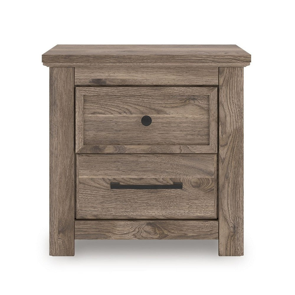 Benjara Cota Nightstand, 2 Drawers with Bronze Handles, USB Port, Dark Brown