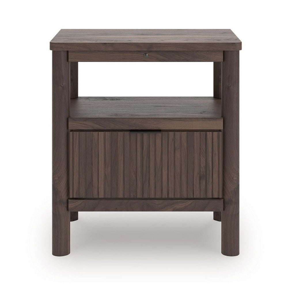 Benjara Pemy Nightstand, 1 Reeded Drawer, Open Shelf, USB Ports, Brown