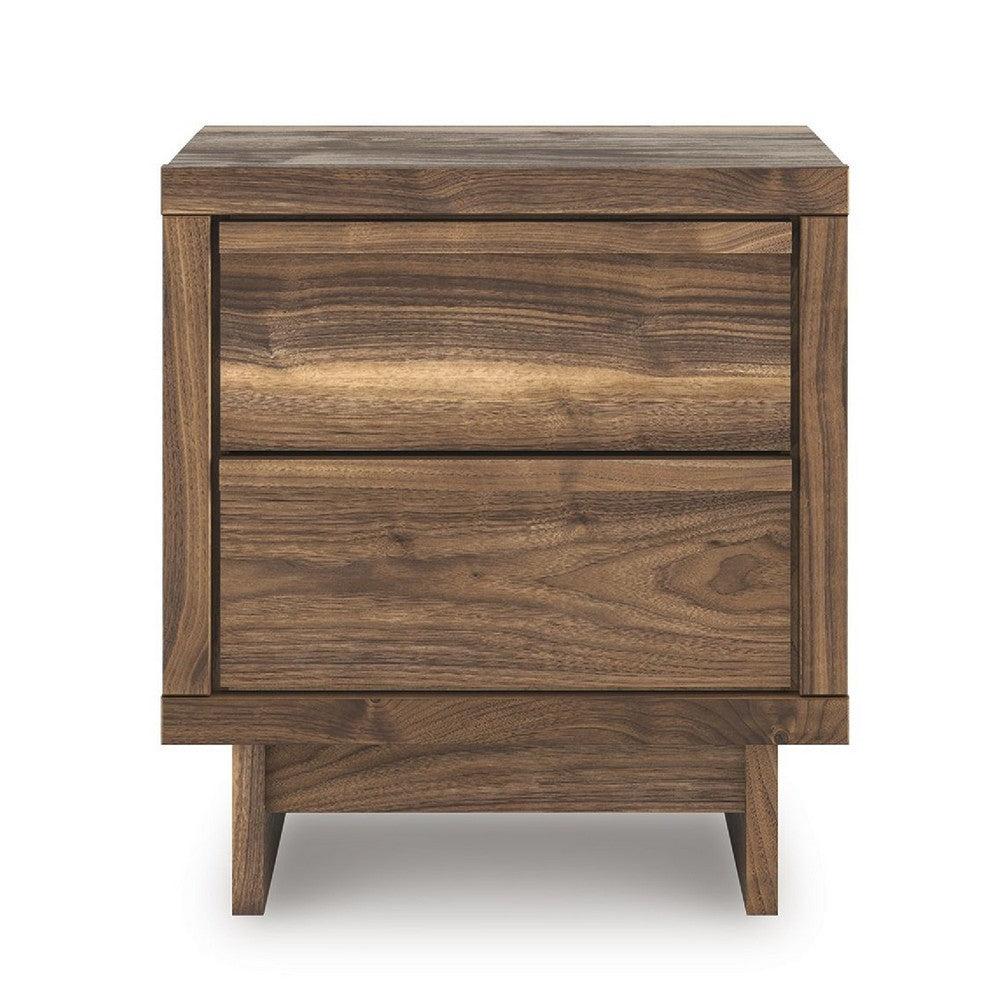 Benjara Lina Nightstand, 2 Drawers with Finger Tab Pulls, USB Ports, Brown