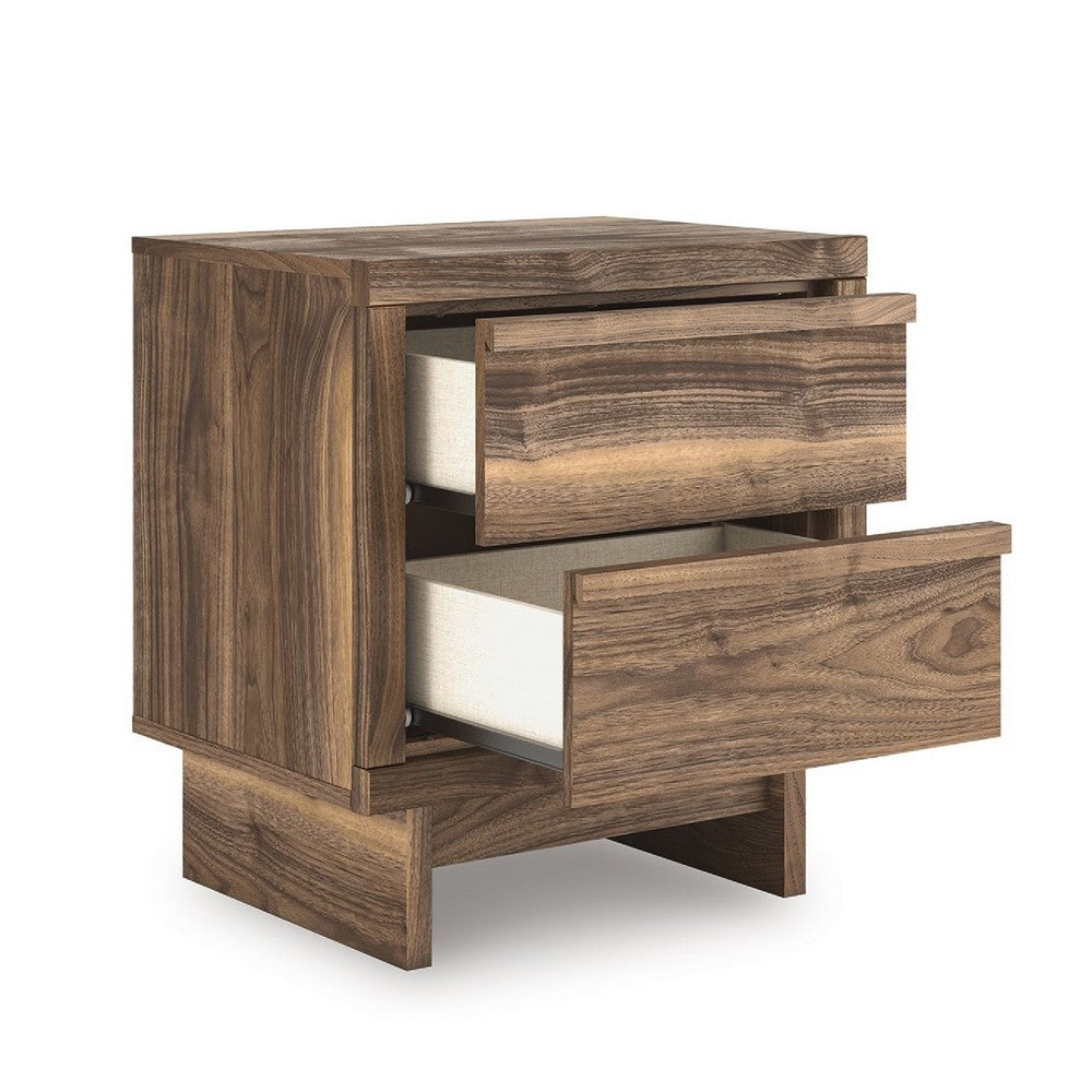 Benjara Lina Nightstand, 2 Drawers with Finger Tab Pulls, USB Ports, Brown