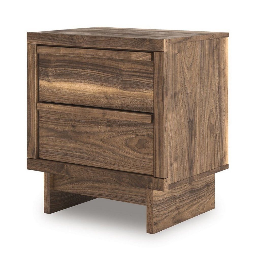 Benjara Lina Nightstand, 2 Drawers with Finger Tab Pulls, USB Ports, Brown