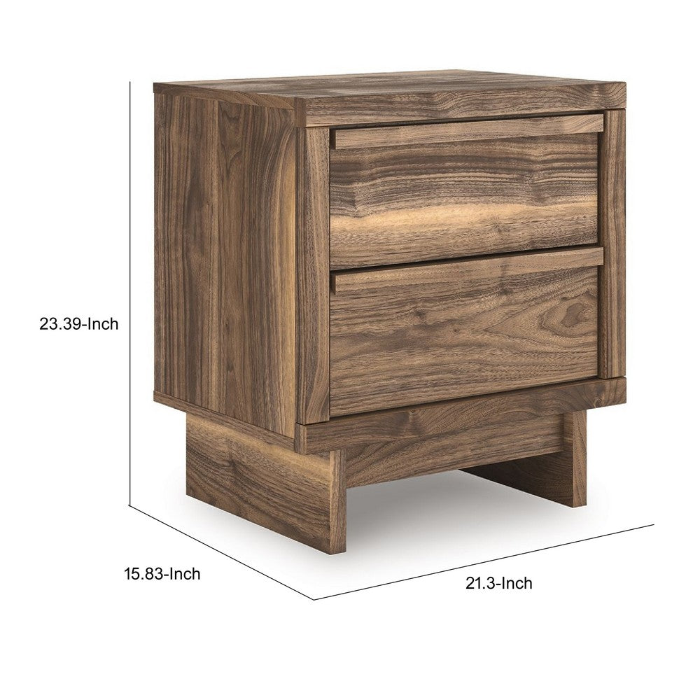 Benjara Lina Nightstand, 2 Drawers with Finger Tab Pulls, USB Ports, Brown