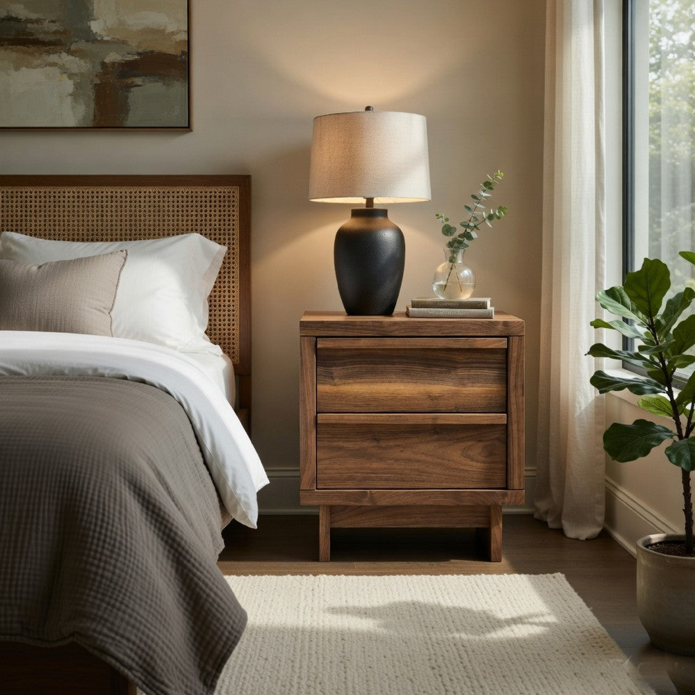 Benjara Lina Nightstand, 2 Drawers with Finger Tab Pulls, USB Ports, Brown