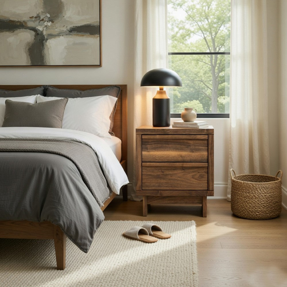 Benjara Lina Nightstand, 2 Drawers with Finger Tab Pulls, USB Ports, Brown