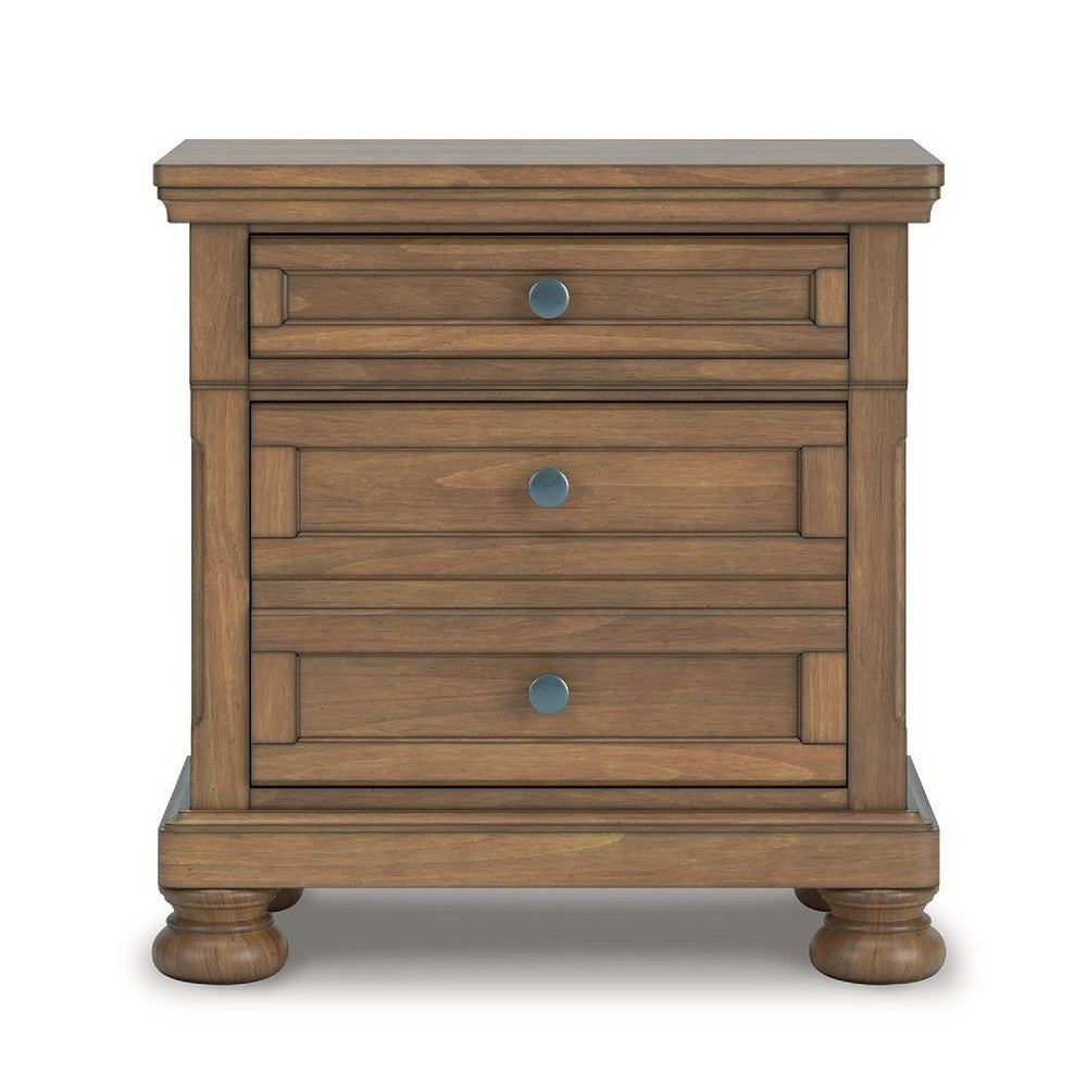 Benjara Fedz Oversized Nighstand with 3 Drawers, Bun Feet, Chestnut Brown Wood