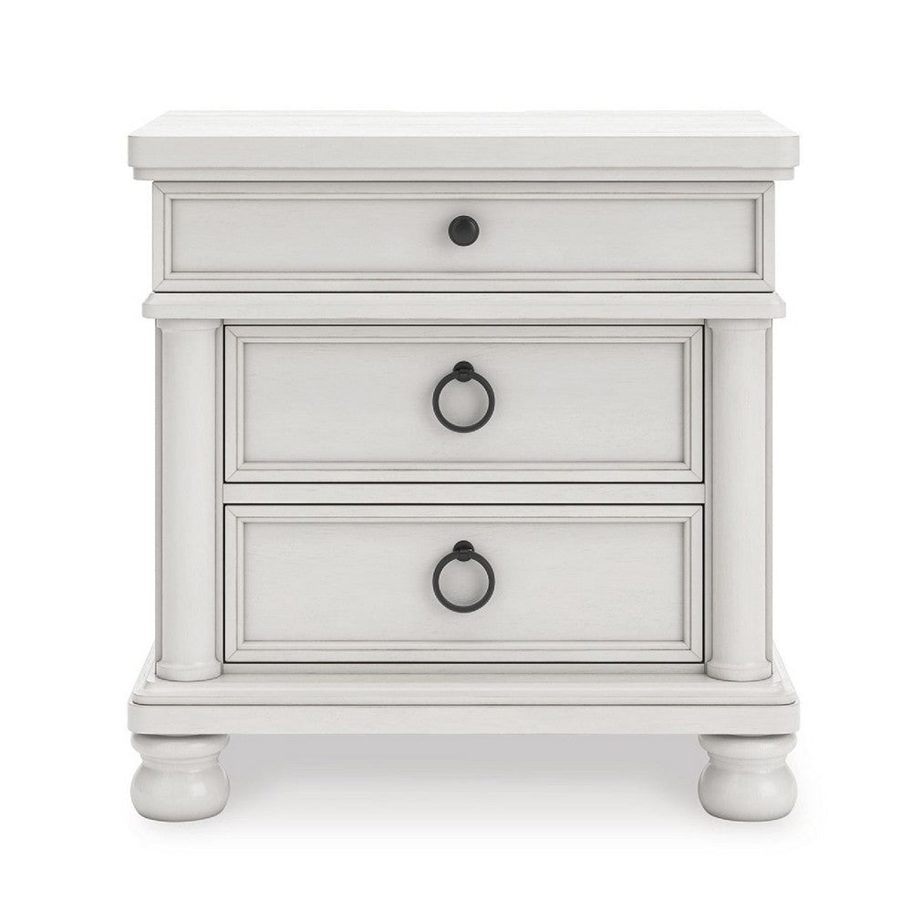 Benjara Rowy Bedside Nightstand, 3 Drawers with Pewter Knobs, Antique White