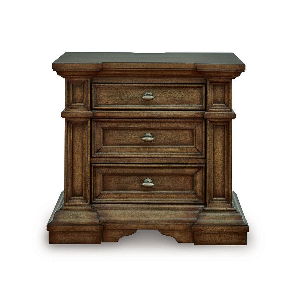 Benjara Lesa Nightstand, 3 Drawers with Antique Brass Oval Knobs, Brown 32Inch