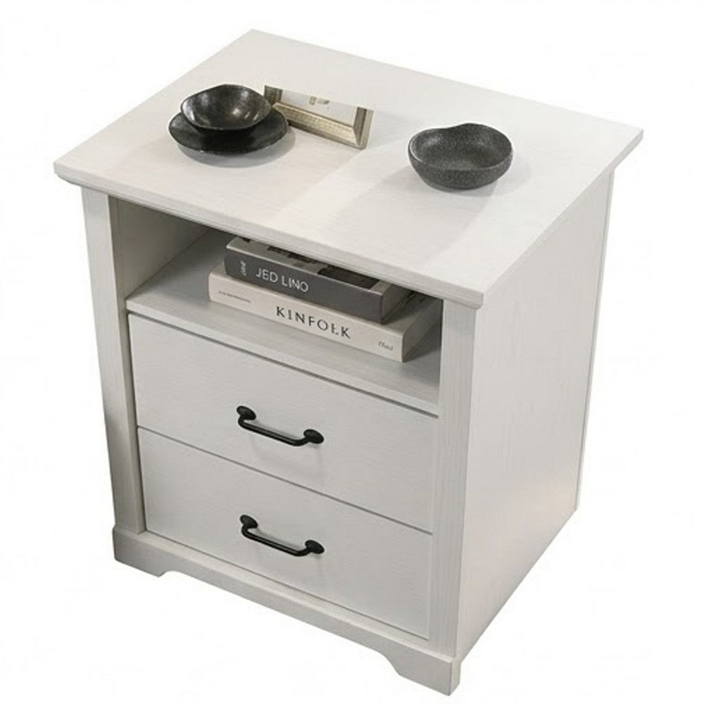Benjara Jori Bedside Nightstand, 2 Drawers, USB Ports, 1 Open Shelf, White