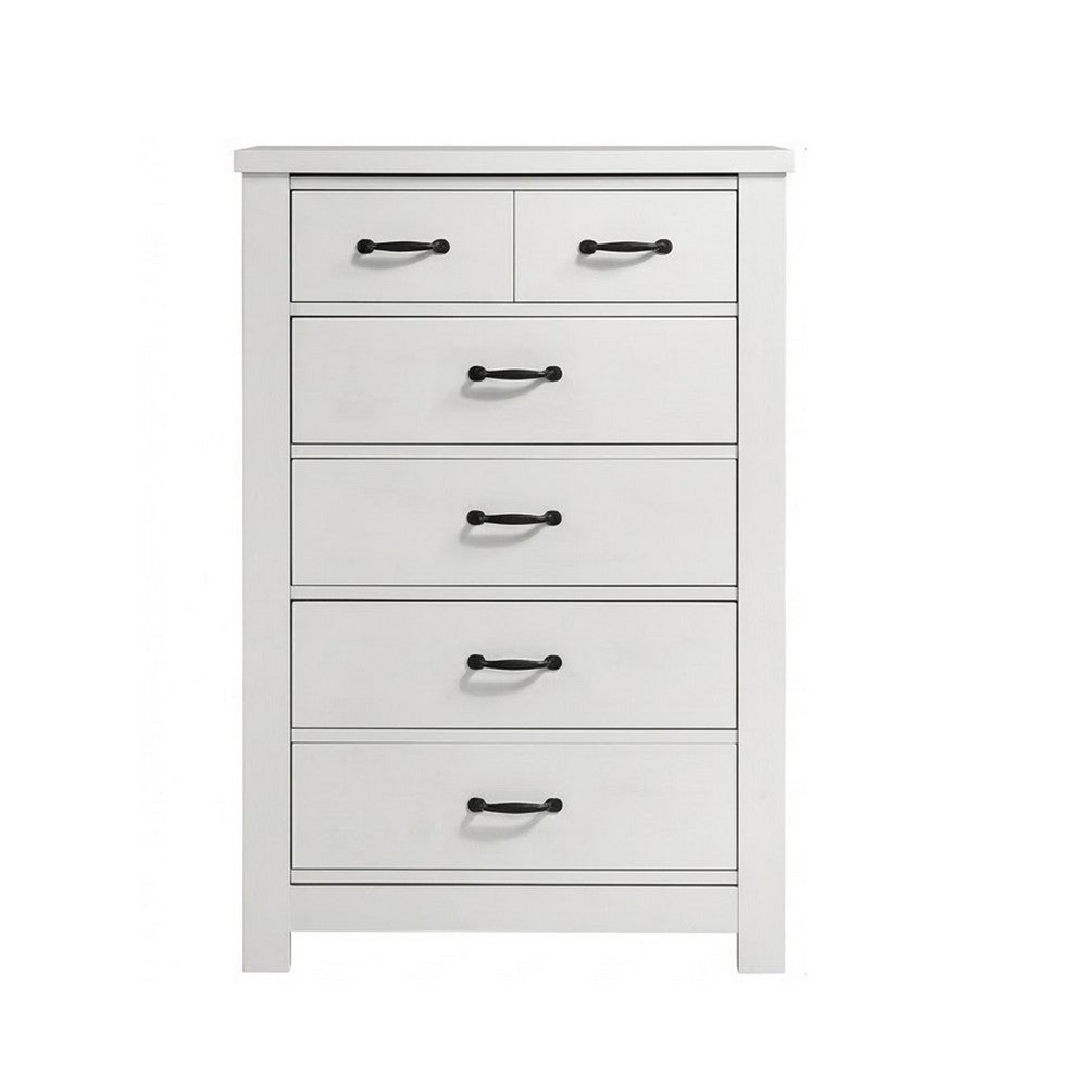 Benjara Nori Tall Dresser Chest, 5 Drawers with Split Top, Black Handles, White