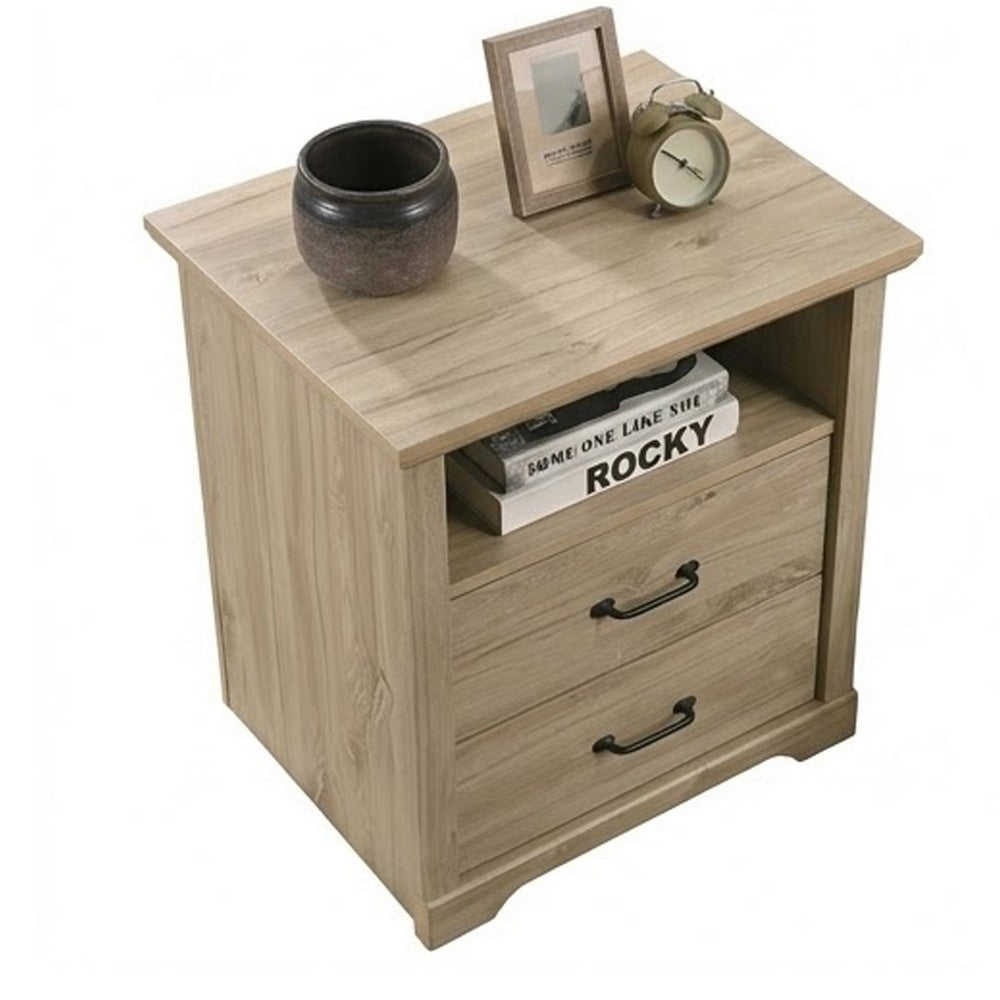 Benjara Jori Bedside Nightstand, 2 Drawers, USB Ports, 1 Open Shelf, Oak Brown