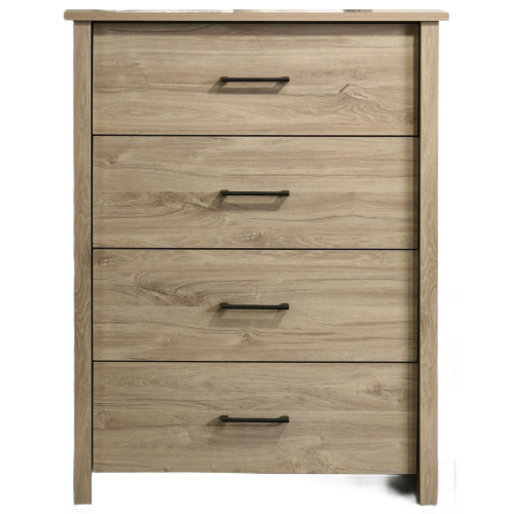 Benjara Kori Tall Dresser Chest, 4 Drawers with Black Handles, Light Oak Brown