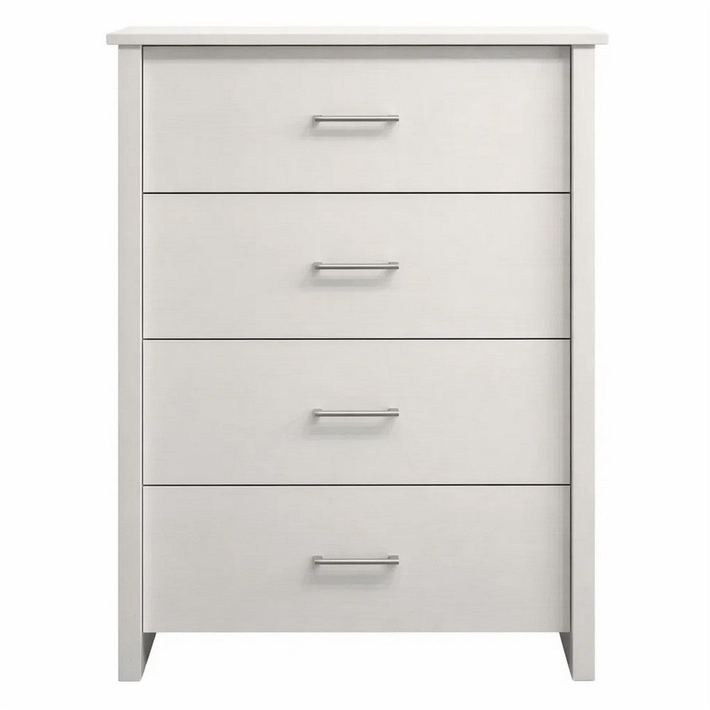 Benjara Kori Tall Dresser Chest, 4 Drawers with Silver Bar Handles, White