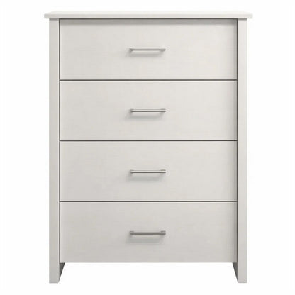 Benjara Kori Tall Dresser Chest, 4 Drawers with Silver Bar Handles, White