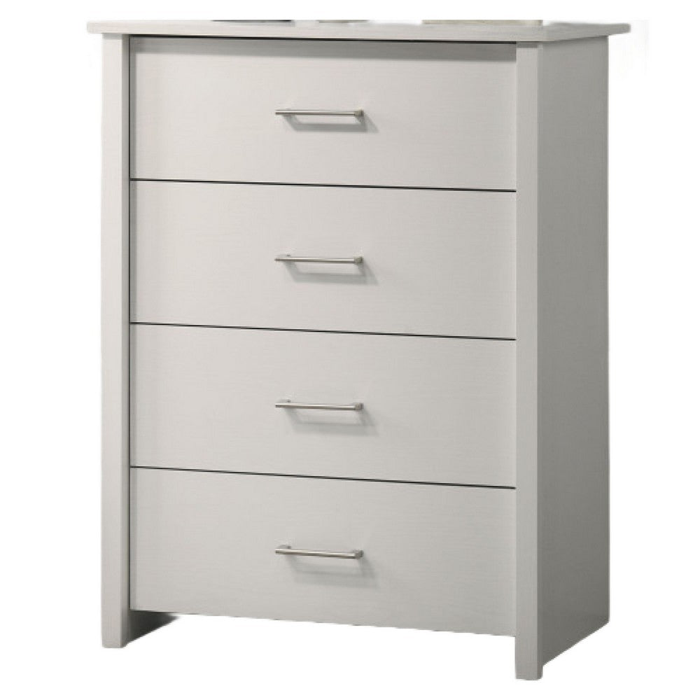 Benjara Kori Tall Dresser Chest, 4 Drawers with Silver Bar Handles, White
