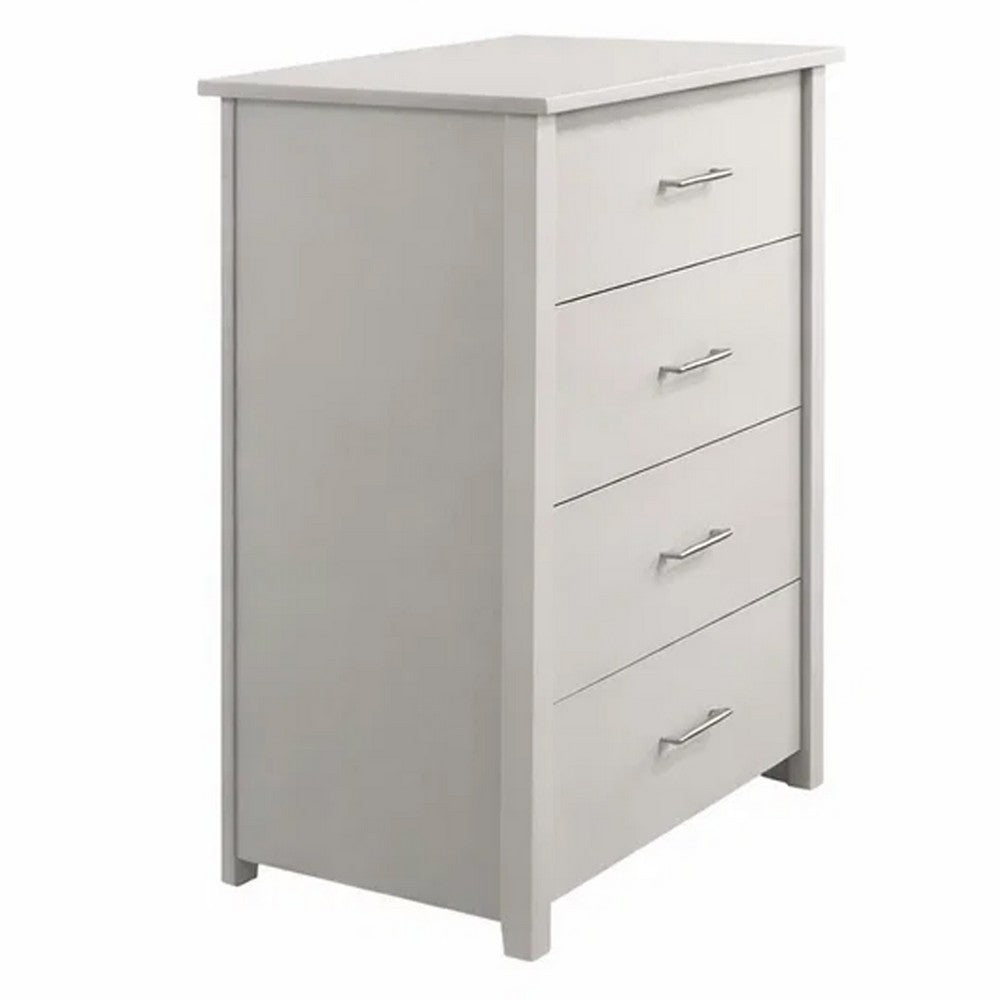 Benjara Kori Tall Dresser Chest, 4 Drawers with Silver Bar Handles, White