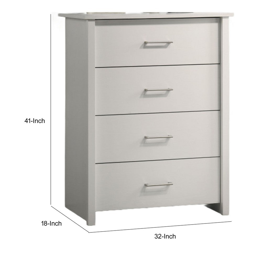 Benjara Kori Tall Dresser Chest, 4 Drawers with Silver Bar Handles, White