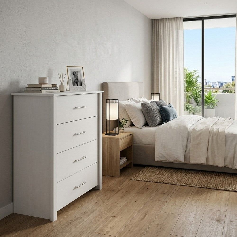 Benjara Kori Tall Dresser Chest, 4 Drawers with Silver Bar Handles, White