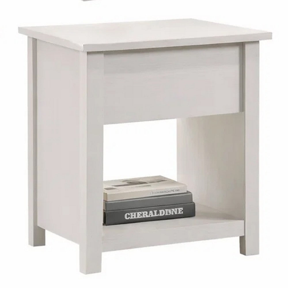 Benjara Kori Nightstand, 1 Drawer And Open Shelf, Silver Pulls, White