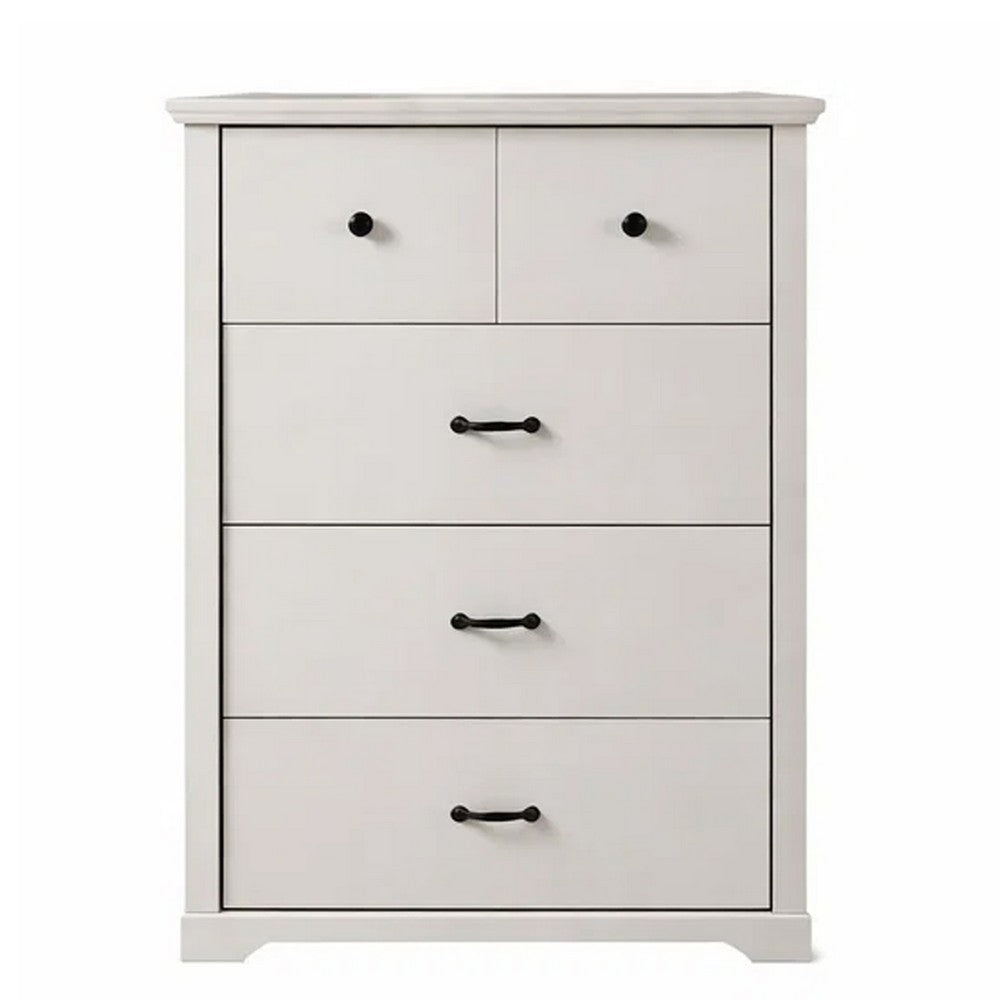 Benjara Jori Tall Dresser Chest, 4 Drawers with Split Top, Black Handles, White