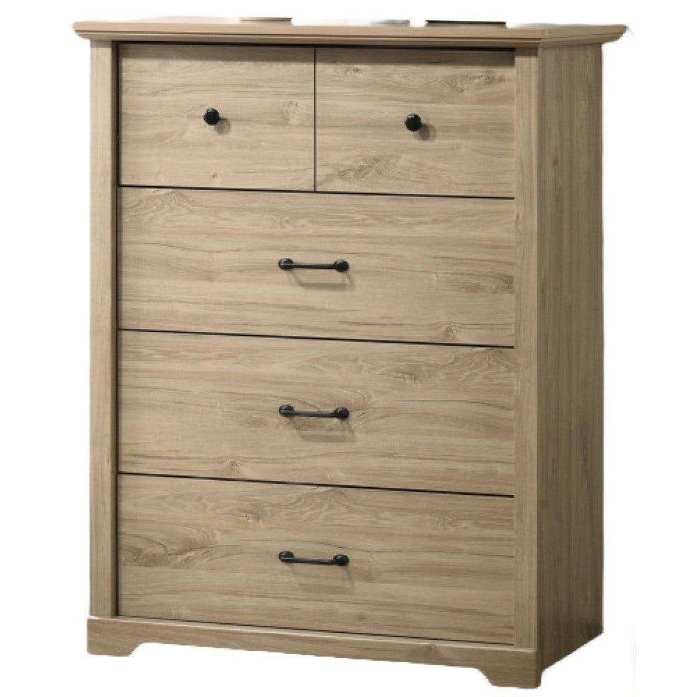 Benjara Jori Tall Dresser Chest, 4 Drawers, Split Top, Black Handles, Oak Brown