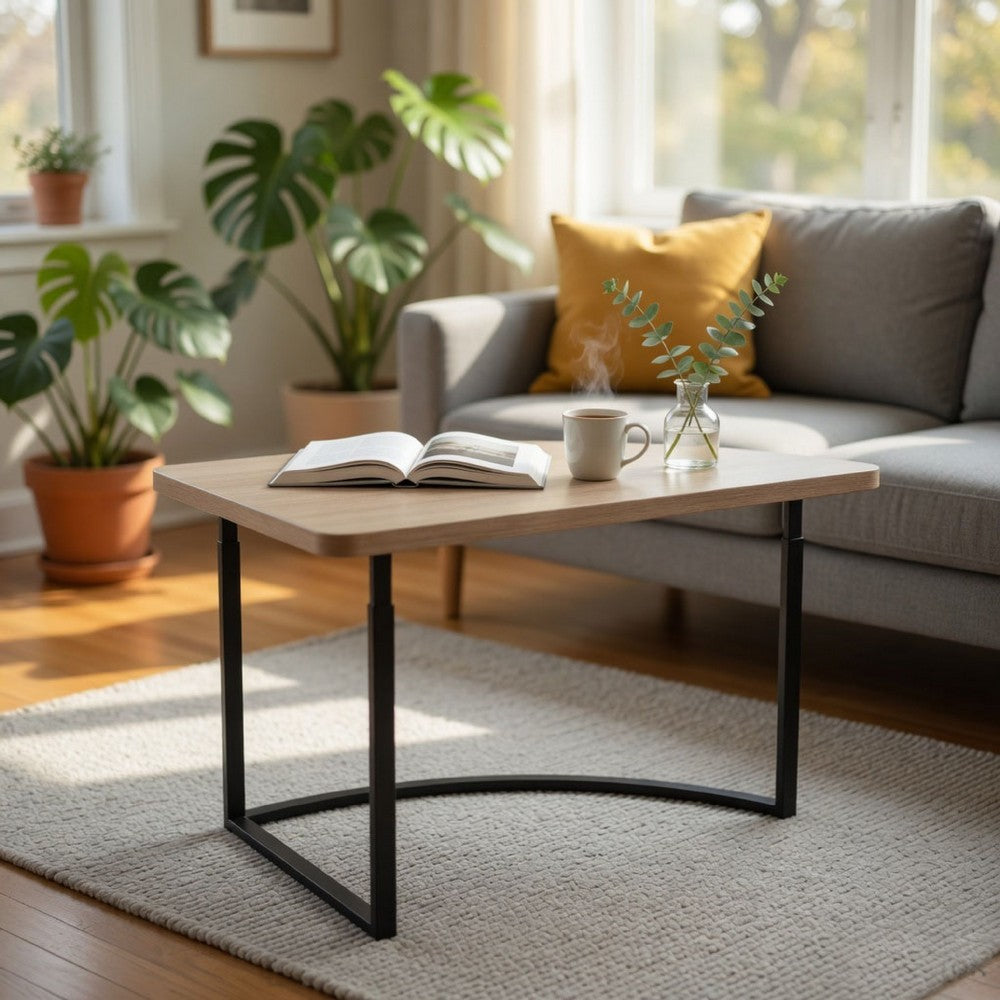 Benjara Giby Corner Table, Height Adjustable, Triangular Wheat Brown Wood, Black Metal