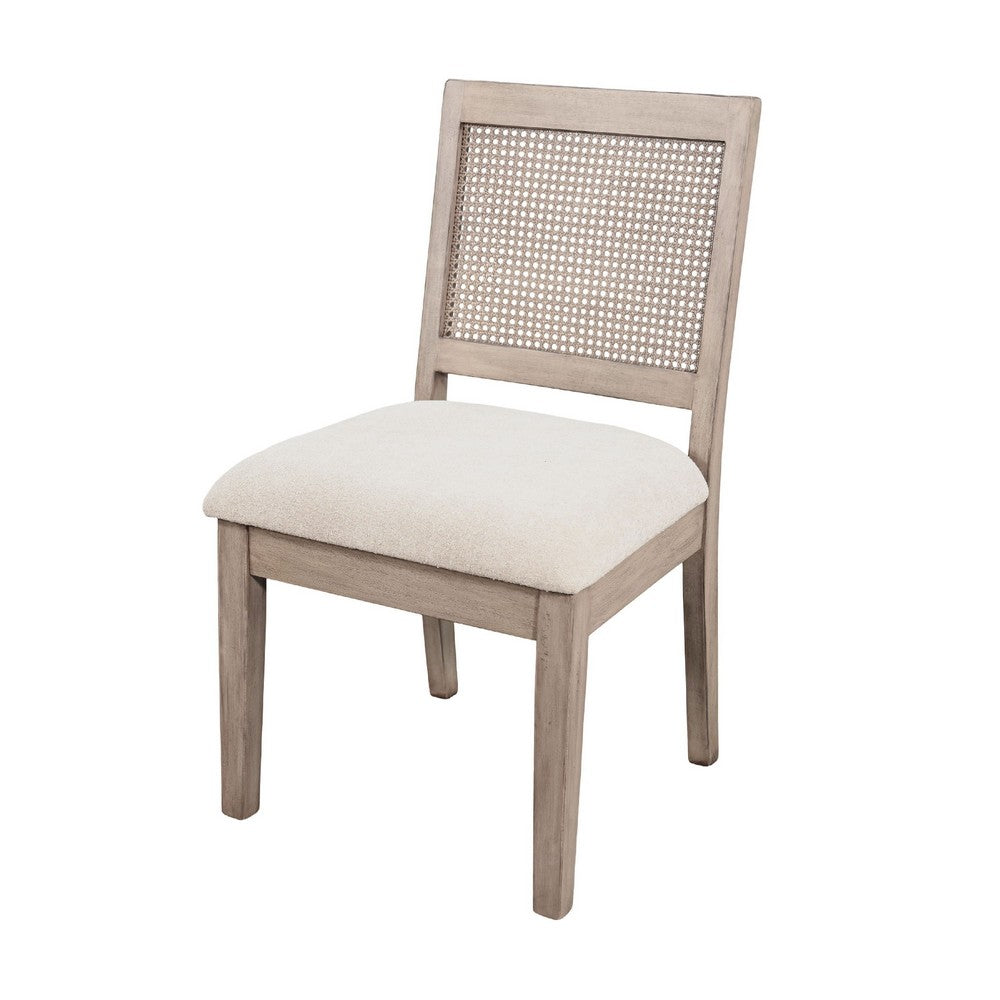 Benjara Dining Side Chair Set of 2, Cane Back, Cream Seat Cushion, Hazelnut Brown Wood