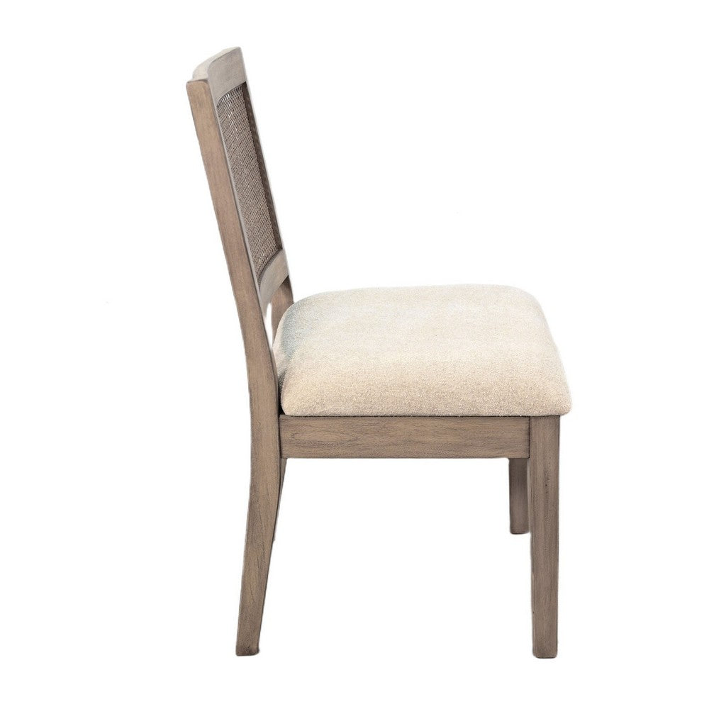 Benjara Dining Side Chair Set of 2, Cane Back, Cream Seat Cushion, Hazelnut Brown Wood