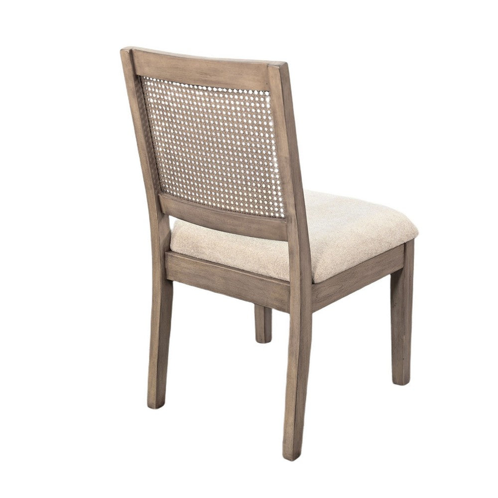 Benjara Dining Side Chair Set of 2, Cane Back, Cream Seat Cushion, Hazelnut Brown Wood