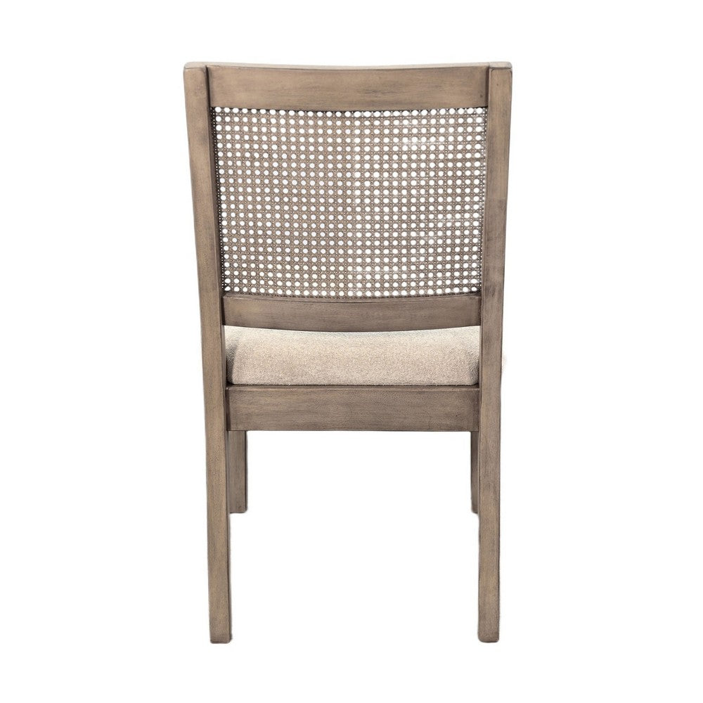 Benjara Dining Side Chair Set of 2, Cane Back, Cream Seat Cushion, Hazelnut Brown Wood